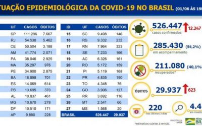 Covid-19: Brasil chega a 526,4 mil casos, 29,9 mil mortes e 211.080 pacientes recuperados