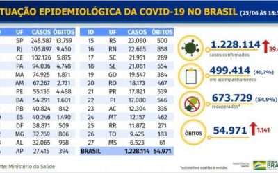 Ministério da Saúde: Brasil chega a 54,9 mil mortes e 1,22 milhão de casos de covid-19